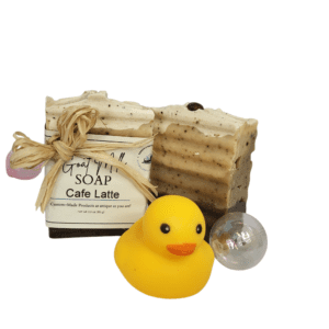 Cafe latte soap with rubber duck and ball.