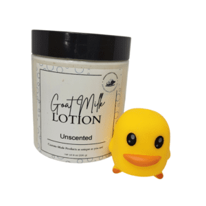 Goat milk lotion with yellow rubber duck.