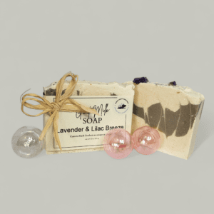 Lavender and lilac soap with decorative balls.