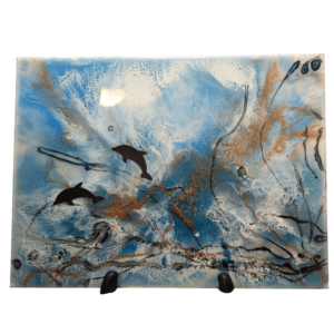 Abstract artwork with dolphins and ocean waves.
