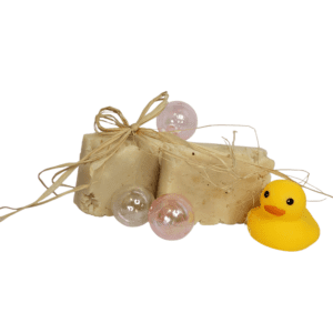Soap, rubber duck, and decorative bubbles.