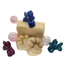 Soap sculptures with colorful balloon animals.