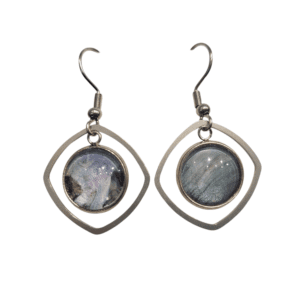 Silver earrings with gray gemstone accents.